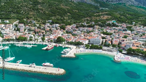 Baska Voda beach and waterfront aerial view, Makarska riviera in Dalmatia, Croatia