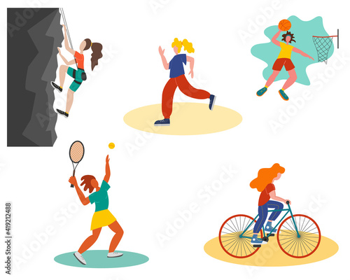Set of women female characters doing sport workouts. Outdoor sport conception. Woman action character vector illustration isolated on white background.
