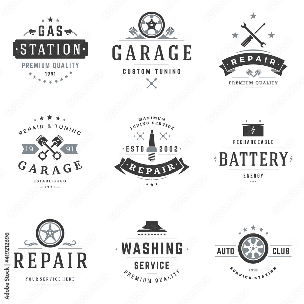Auto repair shop logos vector emblems set