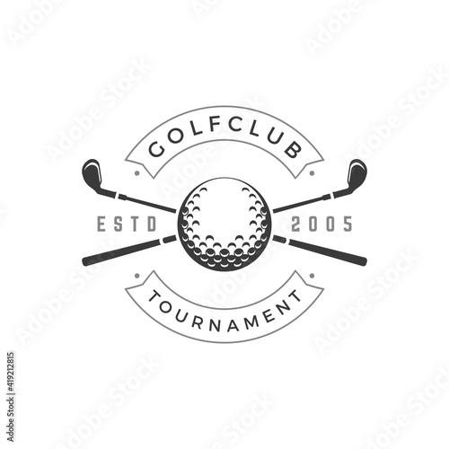 Golf club tournament vector logo crossed black golfing brassy symbol of sports competition
