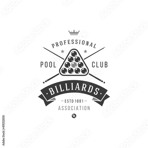 Professional billiard club vector logo black symbol of old traditions competition with set balls and crossed cues