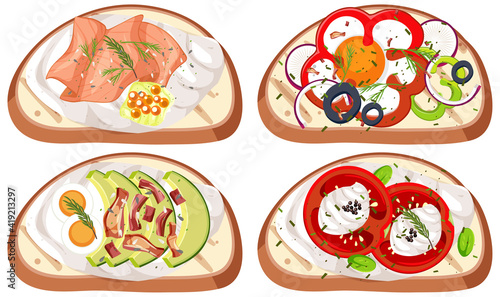 Set of breads with topping isolated