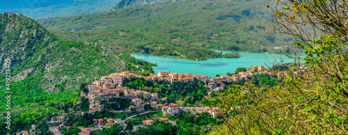 Top view of the small town of Castel San Vincenzo with the lake, Molise region, Italy