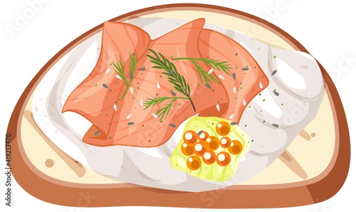 Top view of a bread with smoked salmon and cream