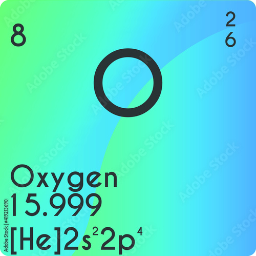Oxygen O Non reactive metal Chemical Element vector illustration diagram, with atomic number, mass and electron configuration. Simple gradient design for education, lab, science class.

