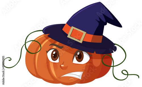 Cute pumpkin cartoon character with angry face expression on white background