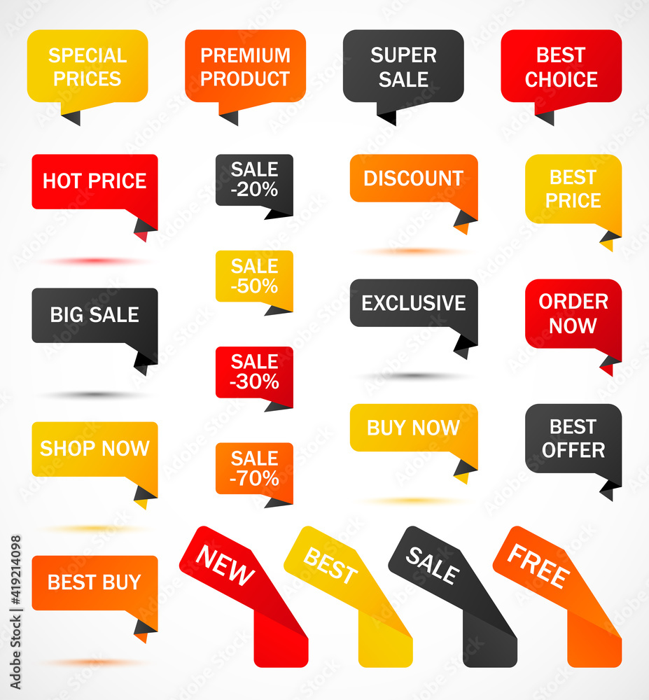 Vector stickers, price tag, banner, label. Coupon sale, offers and promotions vector template. 