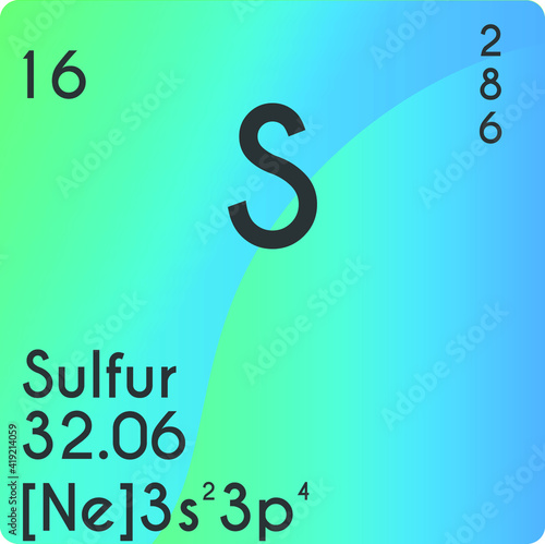 Sulfur S Non reactive metal Chemical Element vector illustration diagram, with atomic number, mass and electron configuration. Simple gradient design for education, lab, science class.
