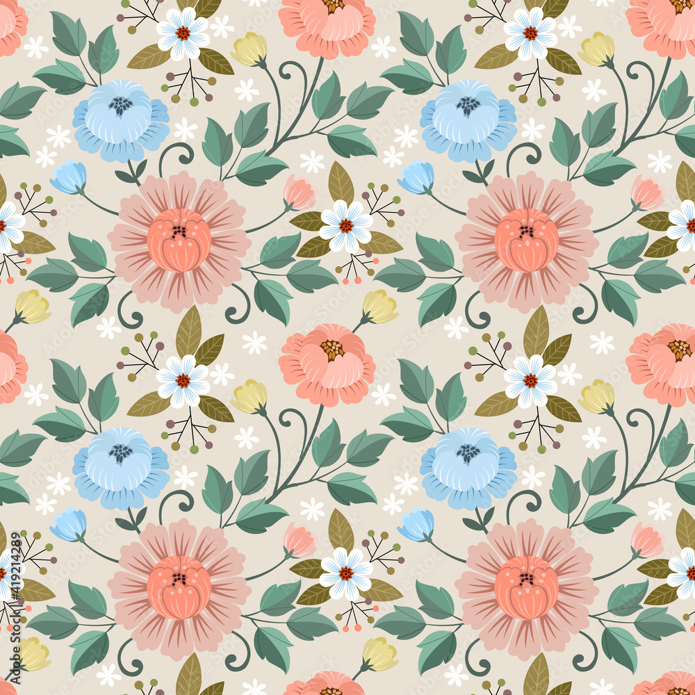 Abstract floral seamless pattern design. Cute hand drawn illustration. Spring flowers and leaves.