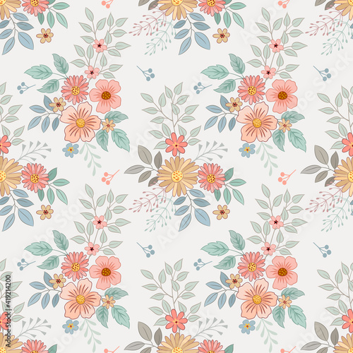 Abstract floral seamless pattern design. Cute hand drawn illustration. Small flowers on gray background.