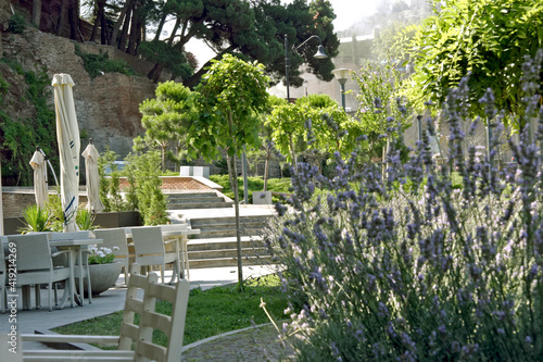 Summer cafe in the center of Tbilisi, the capital of Georgia with lavender