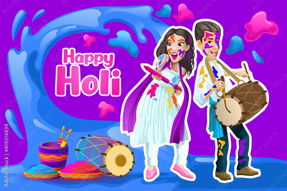 Holi greetings with joyful Indian couple