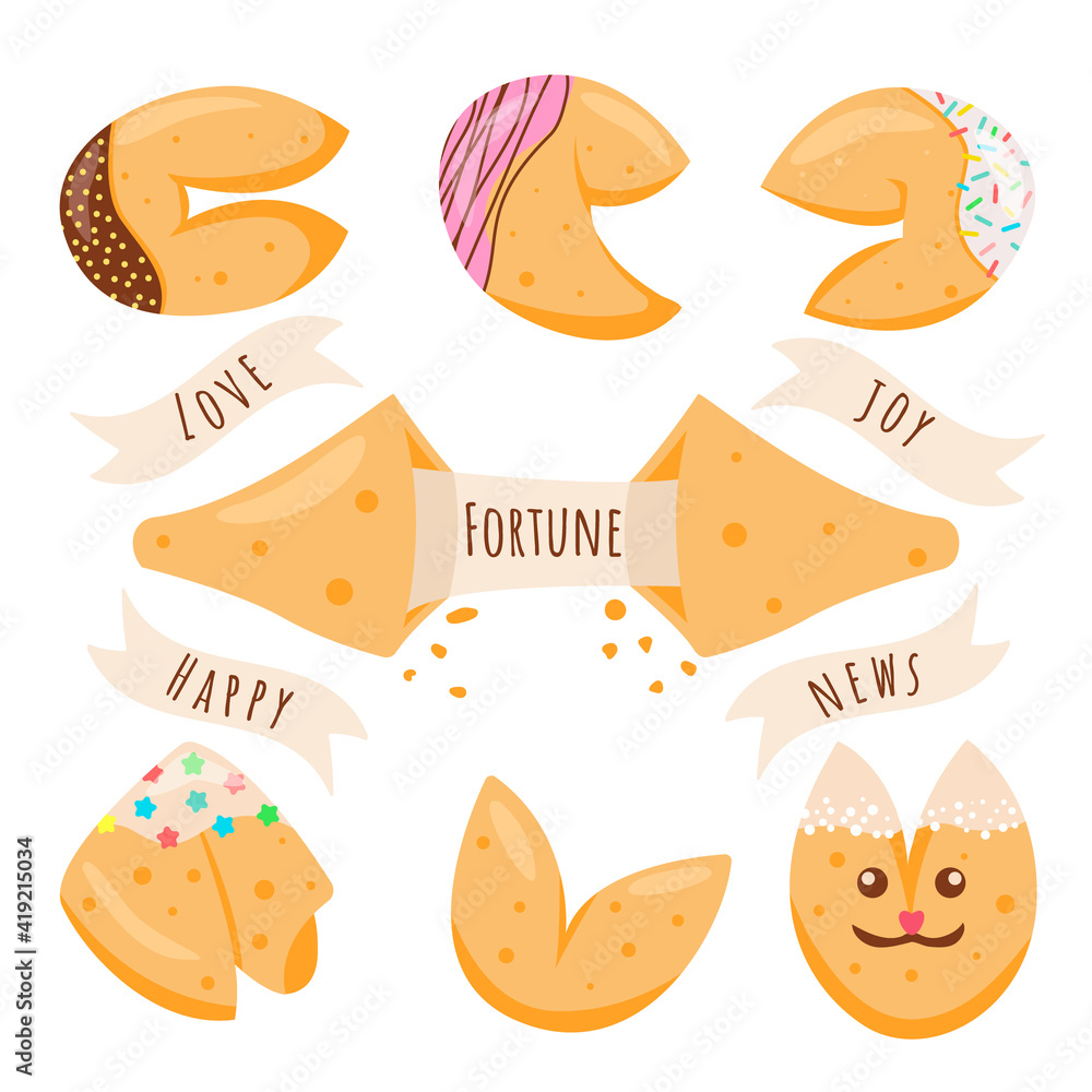 A fortune cookie set. Crisp Cookie with a Blank Piece of Paper Inside. Vector illustration A fortune cookie set. Crisp Cookie with a Blank Piece of Paper Inside. Vector illustration