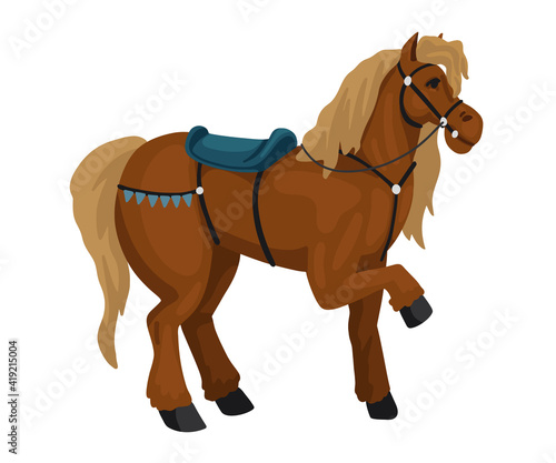 Horse with saddle, character of a fairy tale, vector drawing on a white background. Cartoon flat style illustration