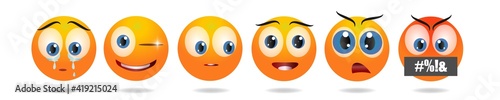 Emoji set. Vector emojies pack. Human emotions: happy, angry, enamored, surprised, sad, uncomprehending, cry, swear, embarrassed emotion. Funny faces. photo