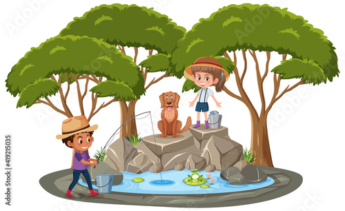 Isolated scene with children fishing at the pond