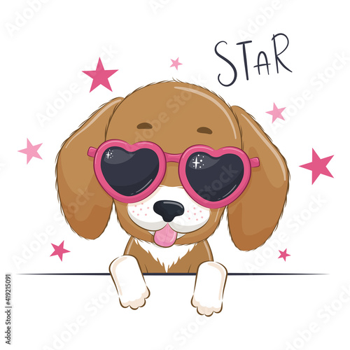 Animal illustration with cute girl dog with glasses.