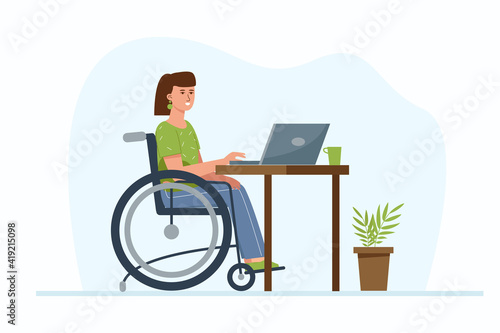 Disabled woman on remote work from home. A freelancer girl in a wheelchair is sitting with a laptop. The concept of employment for people with special needs.