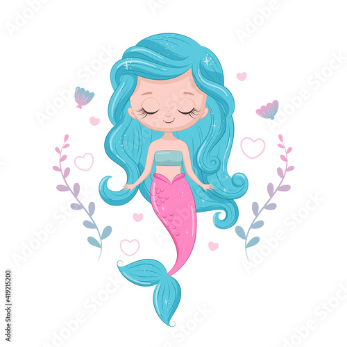 Cute little mermaid. Siren. Vector illustration