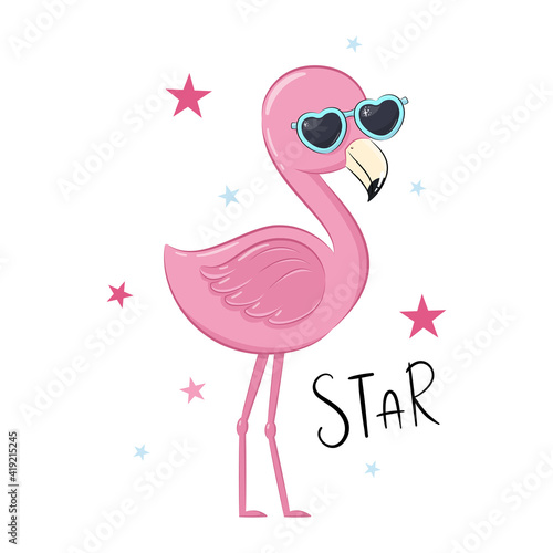 Cute flamingo with stars. Vector illustration.