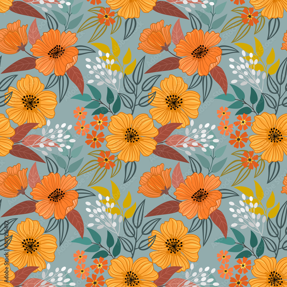 Abstract floral seamless pattern design. Cute hand drawn illustration. Orange flowers on gray background. Abstract floral seamless pattern design. Cute hand drawn illustration. Orange flowers on gray background.