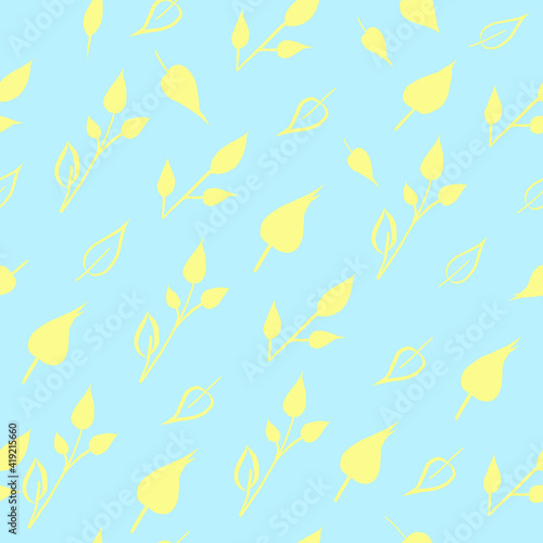 vector seamless pattern of yellow branches and leaves on blue background. design for fabric and home design