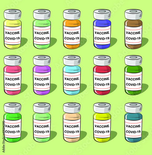 Coronavirus covid 19 vaccine bottle, set in 15 different colors. 