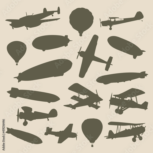 Flying Transport Hot Air Antique Silhouette. Vector Clip Art Sport Old Design.