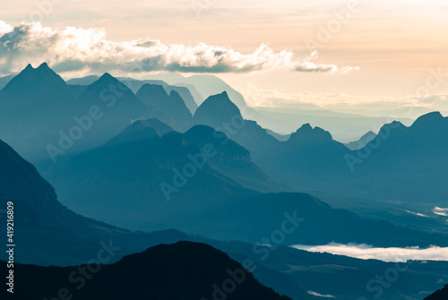 Silhouettes of Santa Catarina mountains at sunrise, seen from the funnel´s canyon