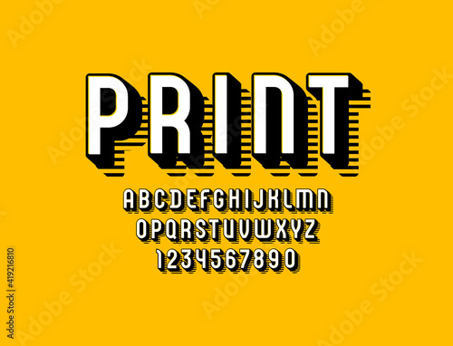 3d font, trendy graphic alphabet, modern letters and numbers with striped shadow, vector illustration 10EPS