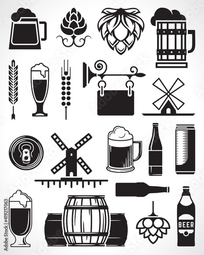 Beer accessories with elite black vector silhouettes and icons set