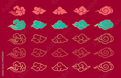 Asian cloud set vector illustration. Traditional oriental clouds  ornament and elements for decorative. Chinese,Japanese,Thai contemporary design. Various styles.Line,flat,outline,solid,gradient