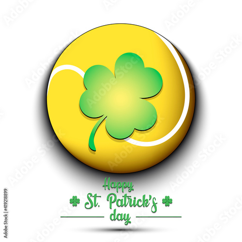 Happy St. Patricks day. Tennis ball and clover on an isolated background.  Pattern for greeting card, logo, banner, poster, party invitation. Vector illustration