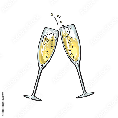 Sketch of two sparkling glasses of champagne. Merry Christmas, Happy New Year and Valentines Day design element. Hand drawn vector illustration.