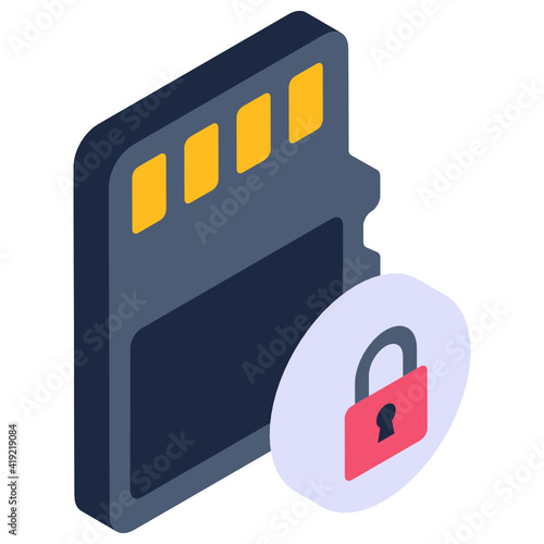 
Padlock with card denoting isometric icon of secure memory 

