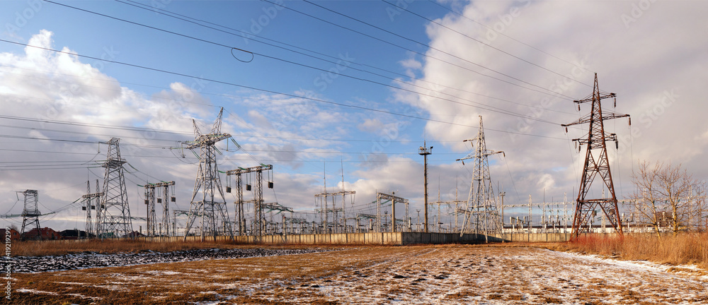 Panoramic image of high voltage substation.