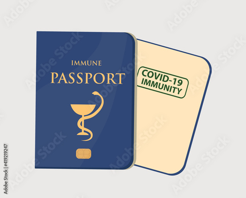 Covid 19 immune passport with test result, travel visa. Coronavirus vaccination certificate. Sars 2019-nCoV, Covid-19 pandemic end. Vector illustration