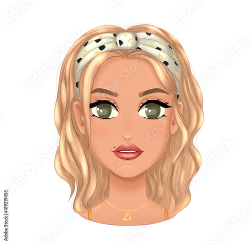 Cartoon face of a cute girl with blonde hair and big green eyes. Digital hand drawn illustration isolated on white background. Good for logo  avatar  card  print  sticker  fashion.
