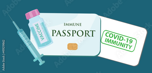 Covid 19 immune passport with test result, travel visa. Coronavirus vaccination certificate. Sars 2019-nCoV, Covid-19 pandemic end. Vector illustration