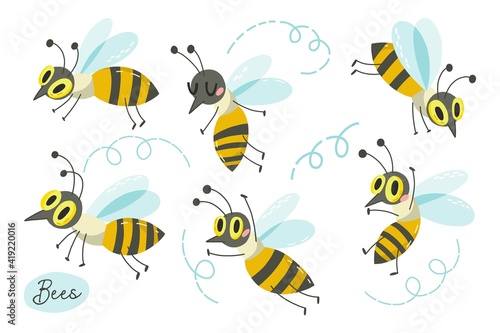 Vector Hand Drawn Cute Set of Adorable Bees. Vector Bees isolated on a white background. © Marusha Belle