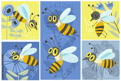 Vector Hand Drawn Cute Set of Adorable Bees. Fun illustrations in trendy style and color palette. 
