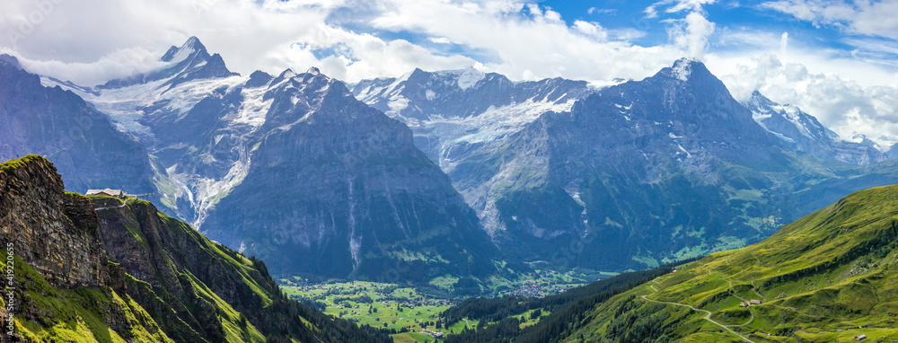 The Grindewald Valley and First viewpoint in Switzerland on a sunny day