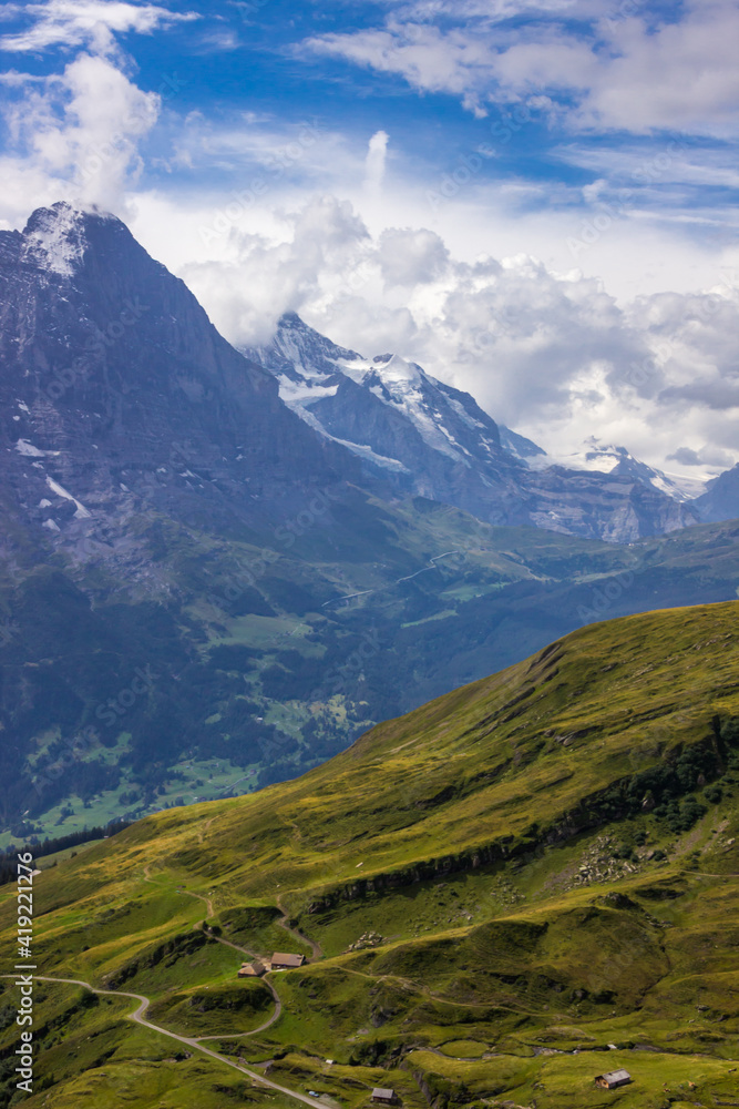 Fototapeta premium The Grindewald Valley and First viewpoint in Switzerland on a sunny day