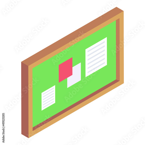
Papers on board denoting isometric icon of noticeboard 

