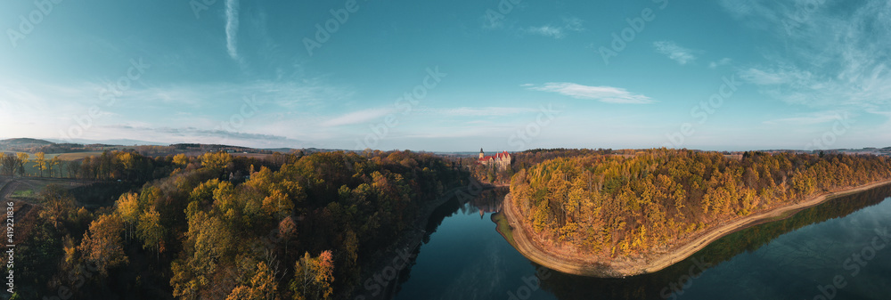 Panoramic view of Czocha Castle in autumn, Poland. .Drone photography.