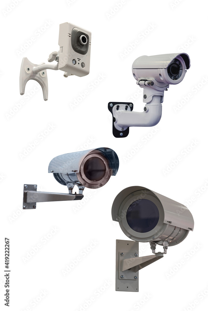 four modern video cameras to track the situation at the object on a white background four modern video cameras to track the situation at the object on a white background