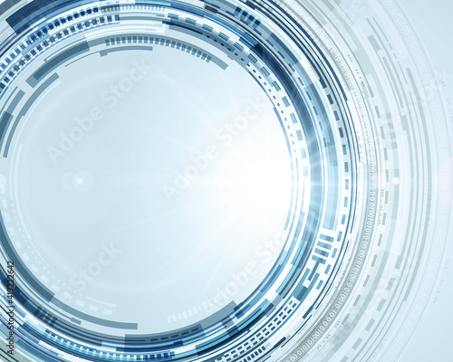 Techno digital circles abstract vector background. Blue disc design with white dynamic rings.