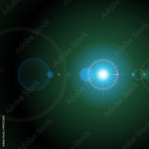 Bright star in green space vector illustration. Blue glow and planet explosion in universe.