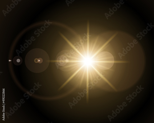 Solar flare in camera lens vector abstract illustration. Bright stellar explosion with yellow rays of prominences diverging sides. photo