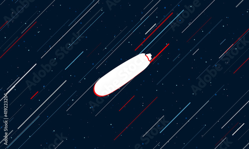 Large white zucchini symbol framed in red in the center. The effect of flying through the stars. Seamless vector illustration on a dark blue background with stars and slanted lines